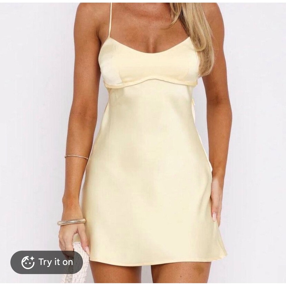 White Fox Satin Mini Dress Women XS Yellow Excellent Strappy Back Slip